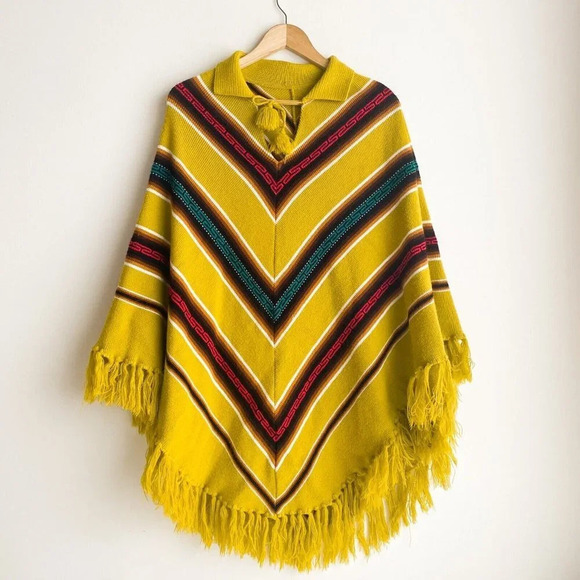 Vintage Acid Green Yellow Chartreuse Chevron Print Knit Poncho M/L - Picture 3 of 6
